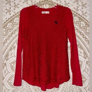"ABERCROMBIE KIDS" GIRLS RED LONG SLEEVE TOP WITH LACE BODICE, SIZE 9/10